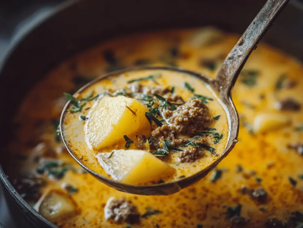 cheesy beef and potato soup - featured image
