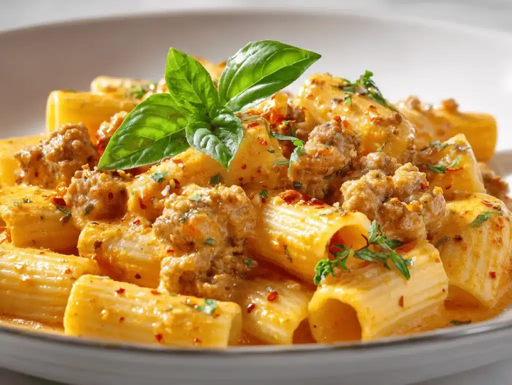 creamy sausage rigatoni - featured image