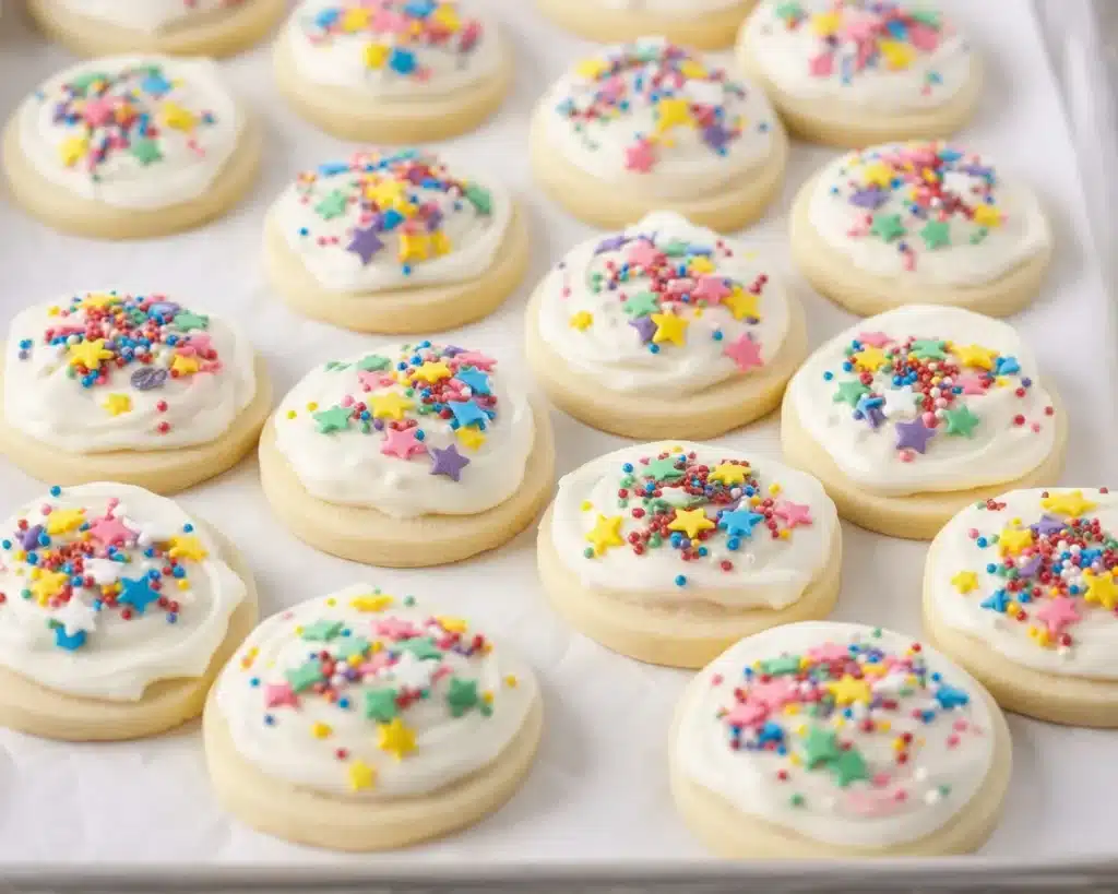 Delicious sugar cookies topped with colorful sugar cookie frosting.