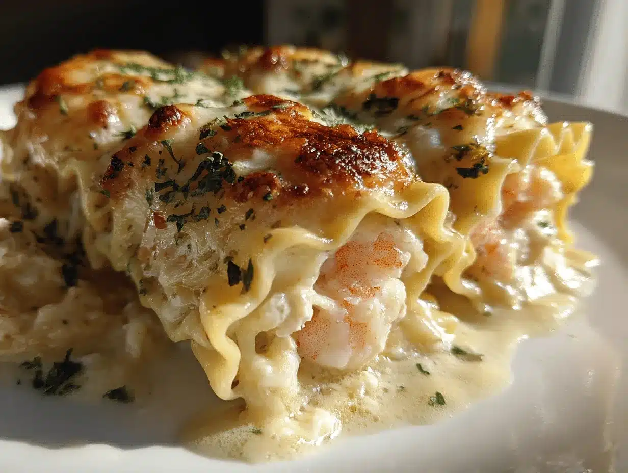 Shrimp and crab Alfredo lasagna roll-ups preparation steps