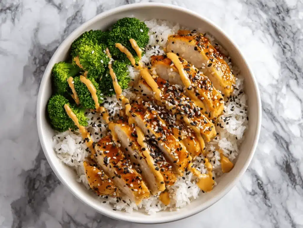 sticky chicken rice bowls - featured image